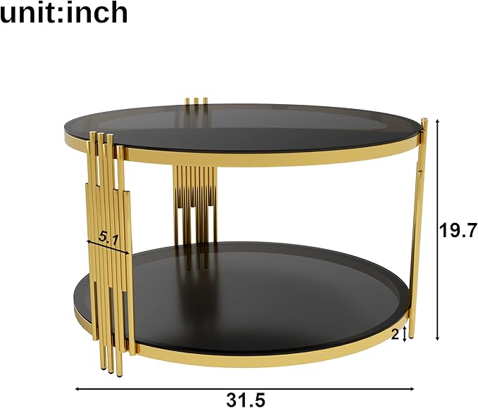Modern Black Mirror Coffee Table, Asymmetrical Metal, Circular Metal Drum Base, Gold Finish & Lower Shelf