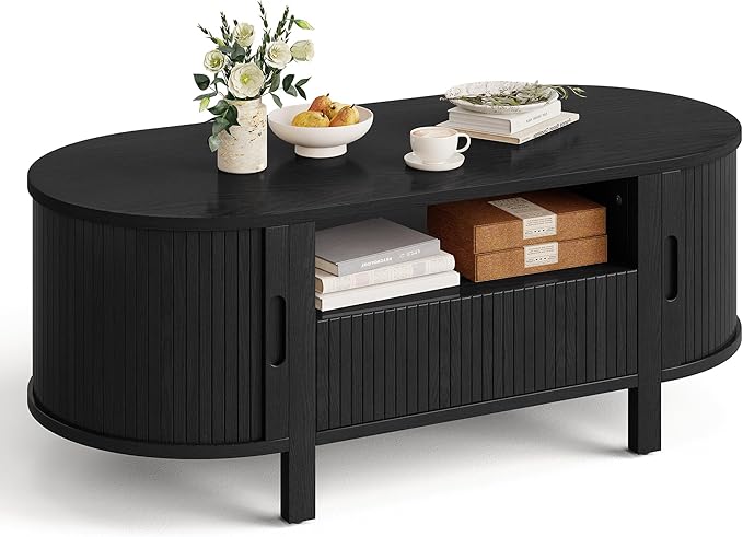 47" Oval Coffee Table, Tambour Design Coffee Tables for Living Room, Mid Century Modern Wood Coffee Table, 3-Tier Accent Center Table with Storage, Large Drawer, Black