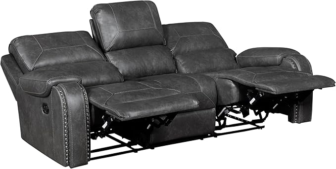 Lexicon Modern Double Recliner Sofa, Faux Leather Reclining Sofa with Nailhead, Center Drop-Down Cup Holders, Receptacles, USB Ports, Manual Recliner Couch Sofa for Living Room/Office/Apartment, Grey