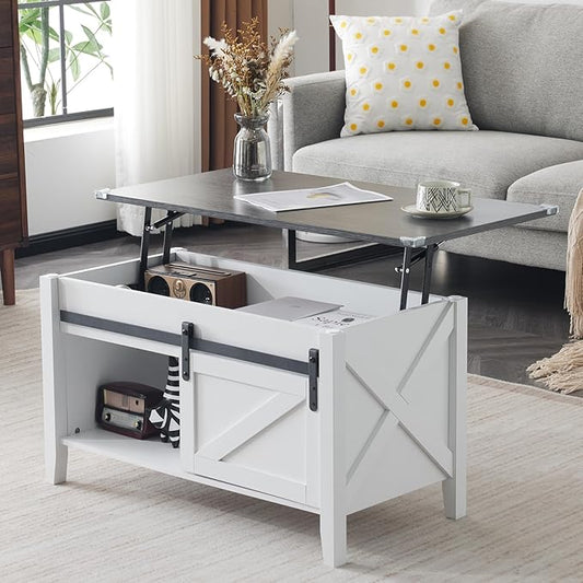 VINGLI Farmhouse Lift Top Coffee Table, Rustic Grey with Storage Shelf/Hidden Compartment, Mesa De Centro para Sala, Rustic Brown (White Charcoal, 36" L)
