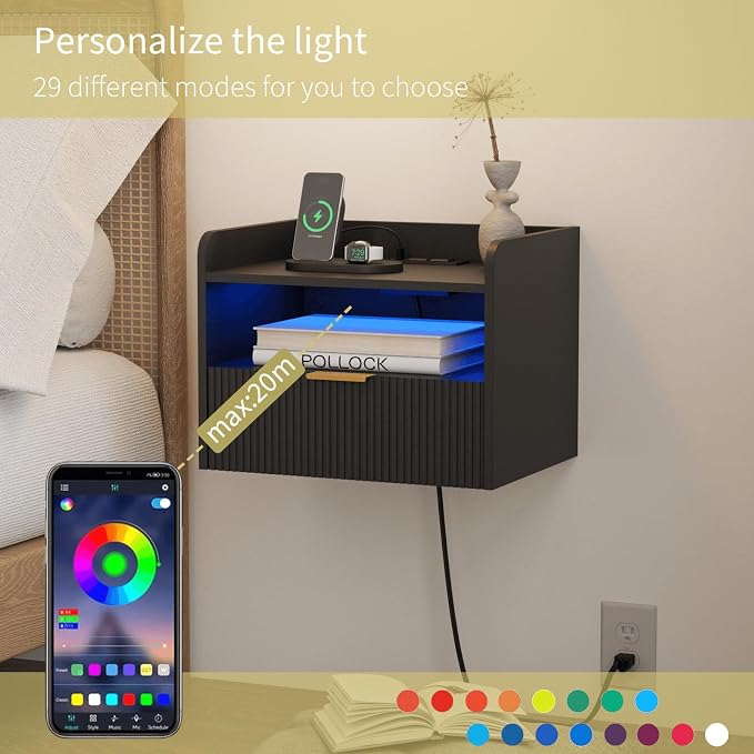 Veegle White Floating Nightstand with Charging Station and LED Lights (Black) - Image 4