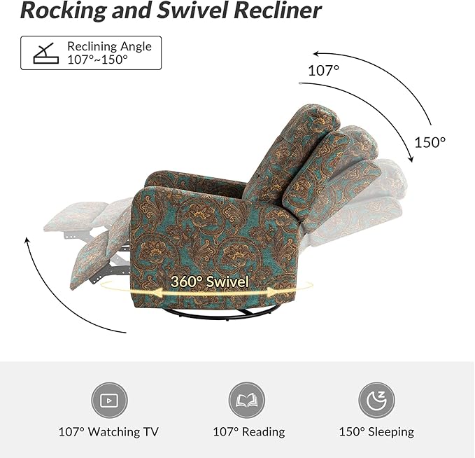 HULALA Home Recliner Chair Set of 2, Modern Printed Fabric for Living Room, Rocker Recliner Sofa Comfy Armchair 360 Degree Swivel, Nursery Rocking Chairs with Adjustable Backrest & Footrest/Teal