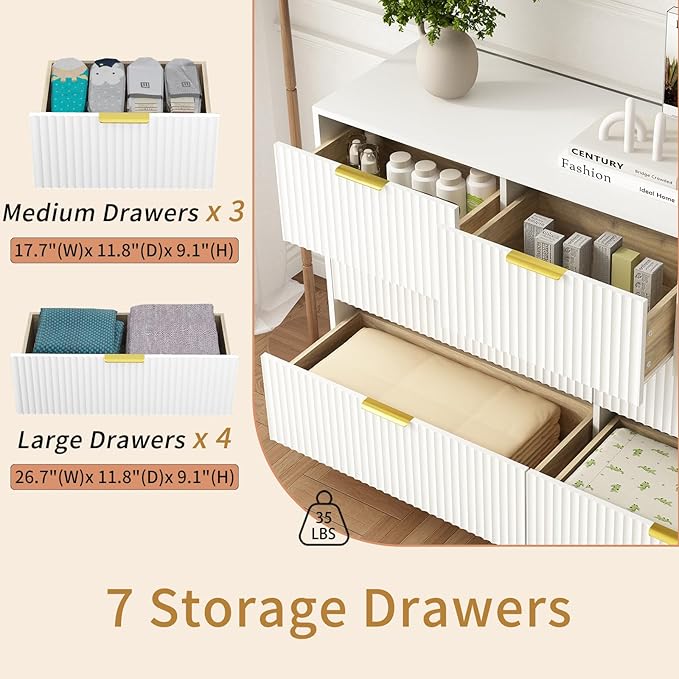 7 Drawer Dresser and Nightstand Sets for Bedroom, 3 Pcs Bedroom Set，Night Stand Set of 2 & 7 Drawer Dresser with Gold Handles, Modern Wood Chest of Drawers Storage Cabinet Set, White