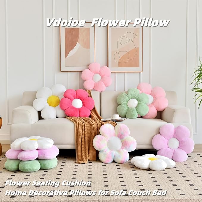 Purple Flower Pillow，23.62In Floor Pillow Cushion Daisy Flower Shaped Throw Pillow Cute Seating Cushion Home Decorative Pillows for Sofa Couch Bed