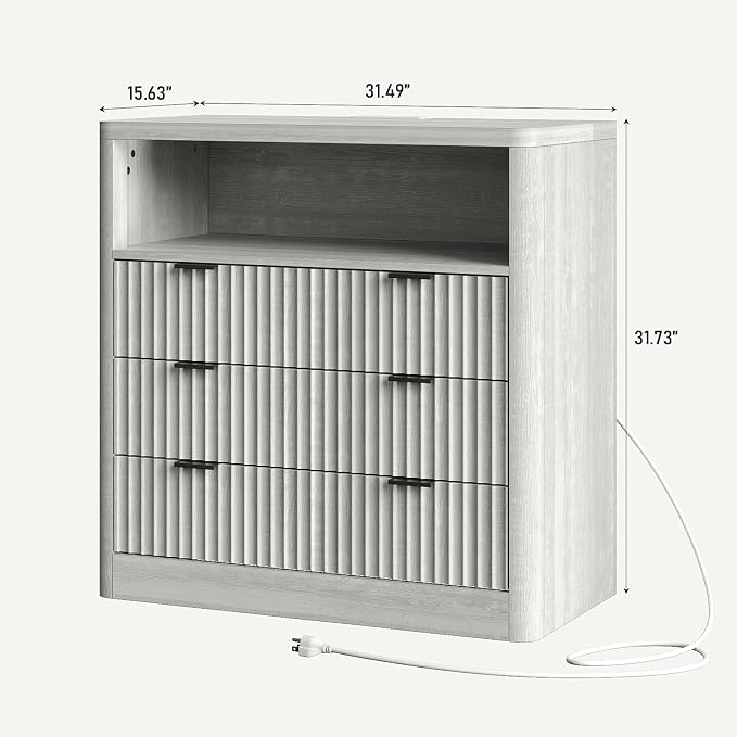 FUSOU Fluted Nightstands Set of 2, Night Stand with Charging Station and LED Lights, Modern Bedside Table with 3 Drawers and Open Shelf, End Table with Storage, Night Stand for Bedroom, Grey - Image 3