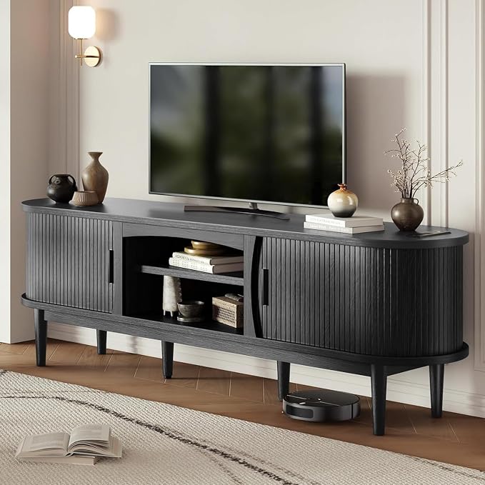 Decofy Mid Century TV Stand for TVs up to 80 Inches, Entertainment Center with Storage, Power Outlet, Fluted Sliding Doors & Adjustable Shelves, Modern Media TV Console Table for Living Room (Black) - Image 7
