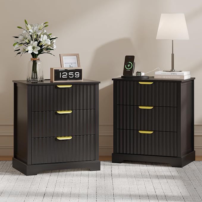 Fluted Nightstand Set of 2, Modern Night Stands with Charging Station and 3 Drawers, Large Bedside Tables for Bedroom, Black by HOME
