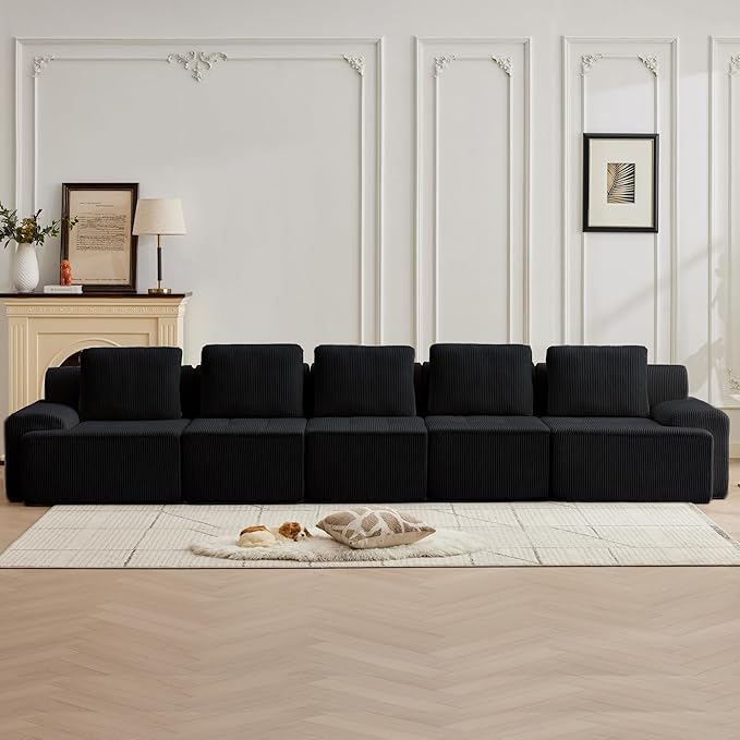 Modular Sectional Sofa with Movable Ottoman, 5 Seat Deep Seat Couch with 5 Pillows, Comfy Cloud Sectional Sofa for Living Room, Bedroom and Apartment (Black, 1 Left+1 Right+3 Middle)