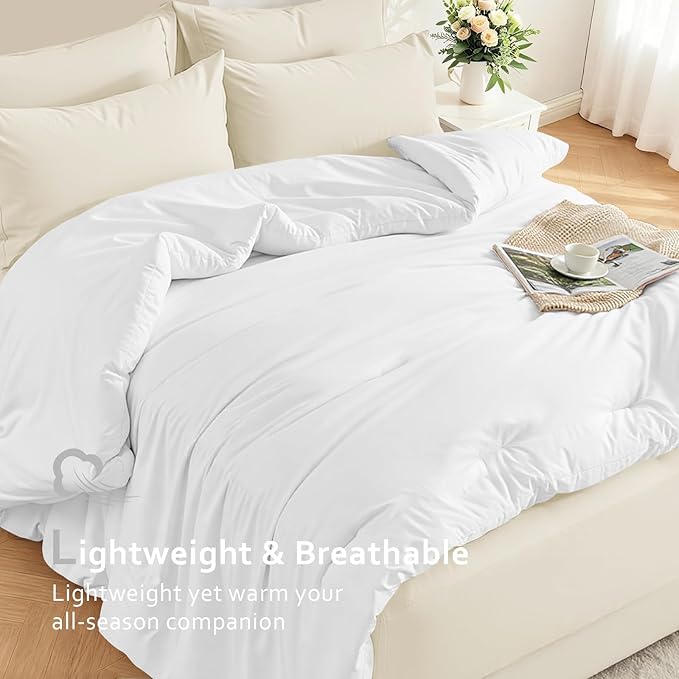 Comforters Queen Size, All Season Quilted Bed Comforter, Ultra-Soft Down Alternative Duvet Insert with 4 Tabs, Lightweight Bedding Blanket - Machine Washable, White
