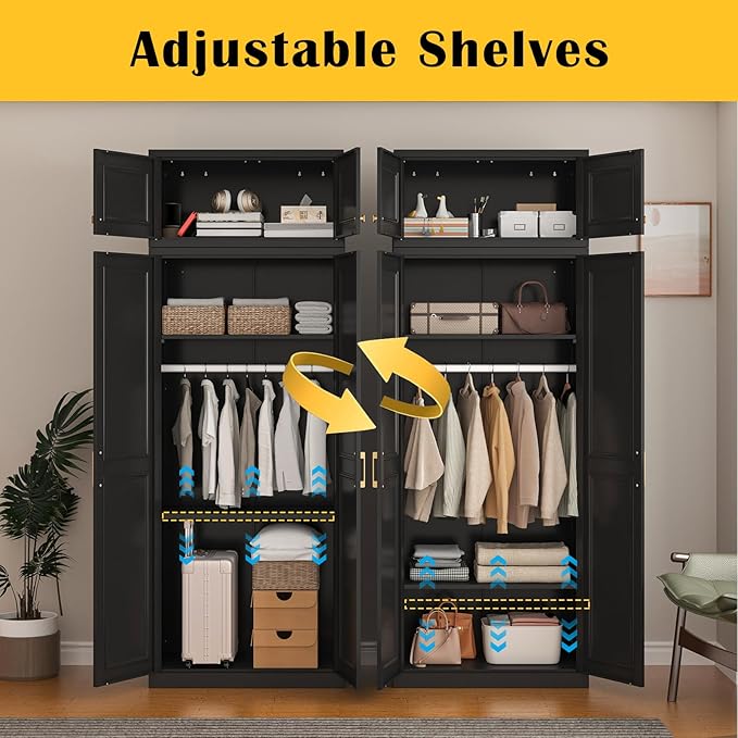 SteeLoong 86" Metal Armoire Wardrobe Closet with Doors,BlackTall Clothing Storage Cabinet with Adjustable Shelves and Hanging Rod,Wardrobe Closet for Bedroom,Home,Office,Gym