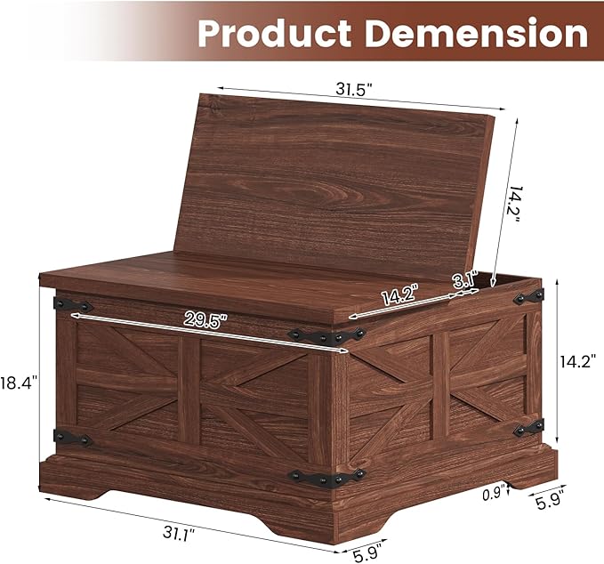 Farmhouse Coffee Table with Storage, Square Center Table for Living Room, Hinged Lift Top Soft Close, Wooden Large Hidden Storage with Metal Corner, Cherry Wood