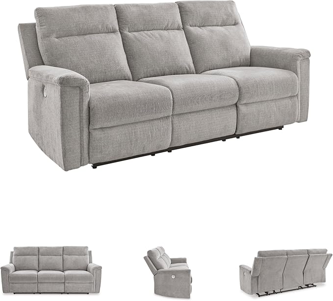 Signature Design by Ashley Barnsana Minimalist Power Reclining Sofa with USB Charging Ports, Light Gray