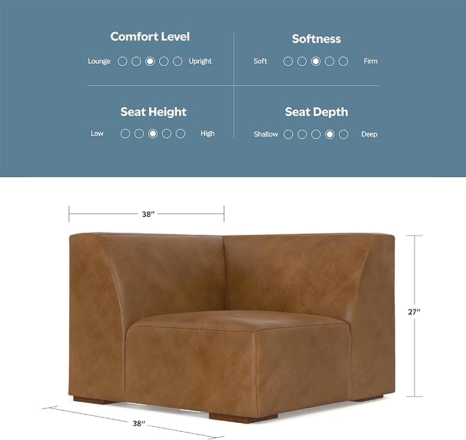 SIMPLIHOME Rex Corner Sofa Module in Full-Grain Genuine Leather, Caramel Brown, 38-inches Wide, Handcrafted Modern-Style Corner Accent Chair for Living Room and Family Room