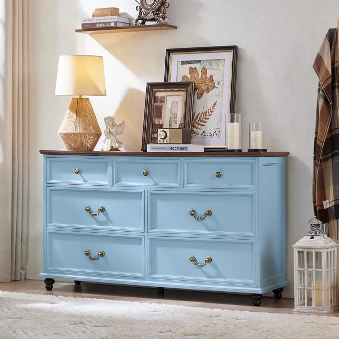 Joaxswe Farmhouse 7 Drawers Dresser for Bedroom, Light Blue 54 Inch Wide Chest of Drawers w/ 4 Wooden Legs, Large Vintage Rustic Closet Dressers for Living Room, Wood TV Stand with Storage Organizer by Joaxswe