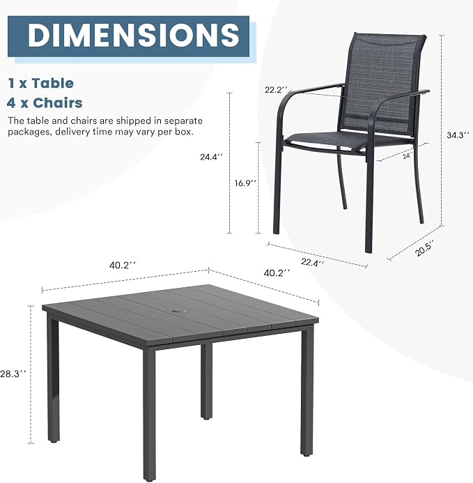 DIFY 5 Pieces Outdoor Dining Table Chair Set, Patio Dining Set with 1 Grey Metal Square Table with Umbrella Hole & 4 Grey Stackable Curved Armrests Chairs for Lawn, Garden, Porch - Image 2