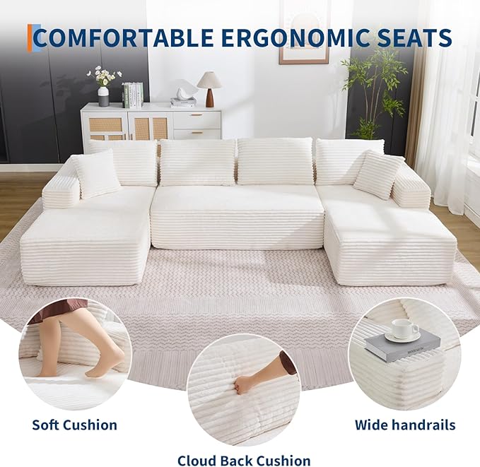 Boneless Couch U Shaped Sectional 130'' Modern Modular Cloud Couch with 2 Chaise Lounge, 4-Seat Corduroy Deep Seat Sofa with Pillows for Living Room