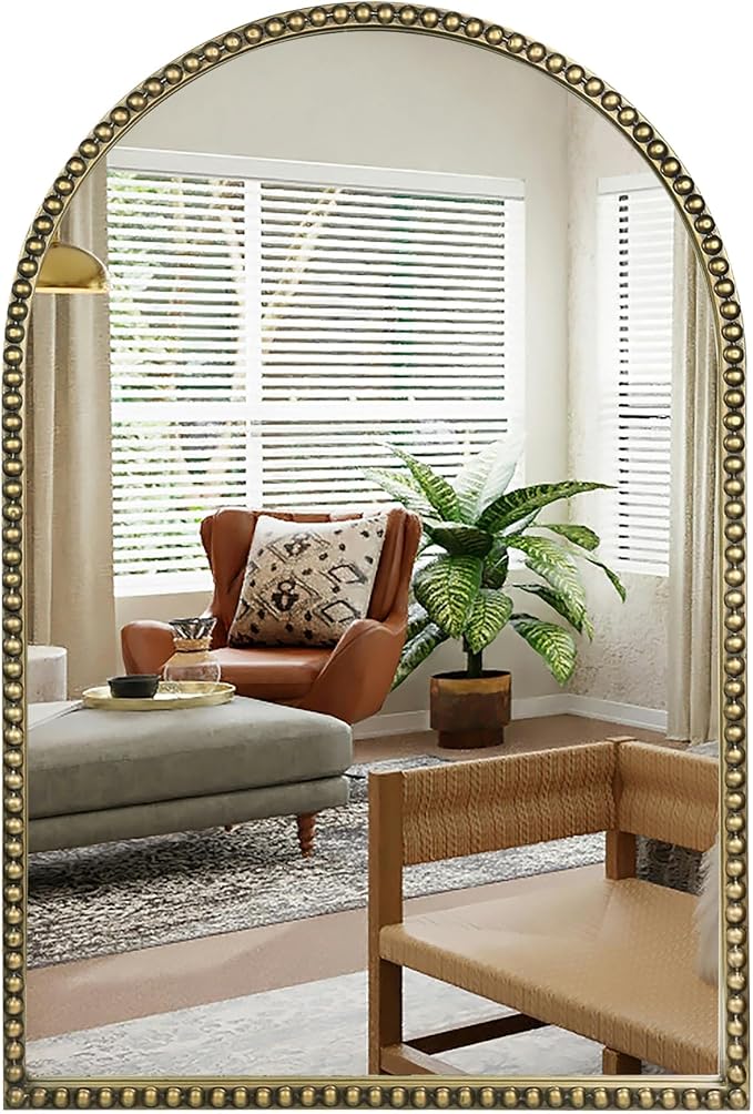 Antique Gold 24"x36" Arched Wall Mirror with Metal Beaded Frame - Decorative Accent Wall Mirror for Bathroom, Bedroom, Living Room, Entryway by Wemily