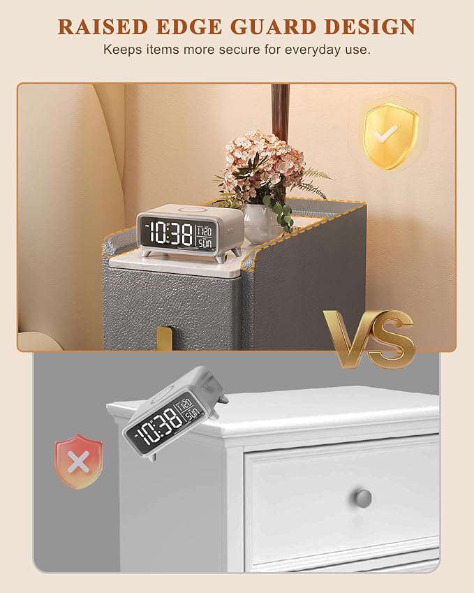 STARSAGA Narrow Nightstand with Drawers, 7.9" Narrow Bedside Table for Bedroom, Solid Wood Narrow Night Stand with Sintered Stone Top & Leather Surface, Slim Nightstand for Small Spaces, Gray - Image 4