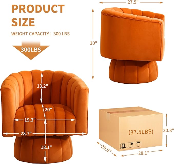 Swivel Accent Barrel Chair Set of 2- Cute Comfy Small Round 360° Arm Chair Velvet Sofa Club Reading Chair for Living Room Bedroom Office Orange