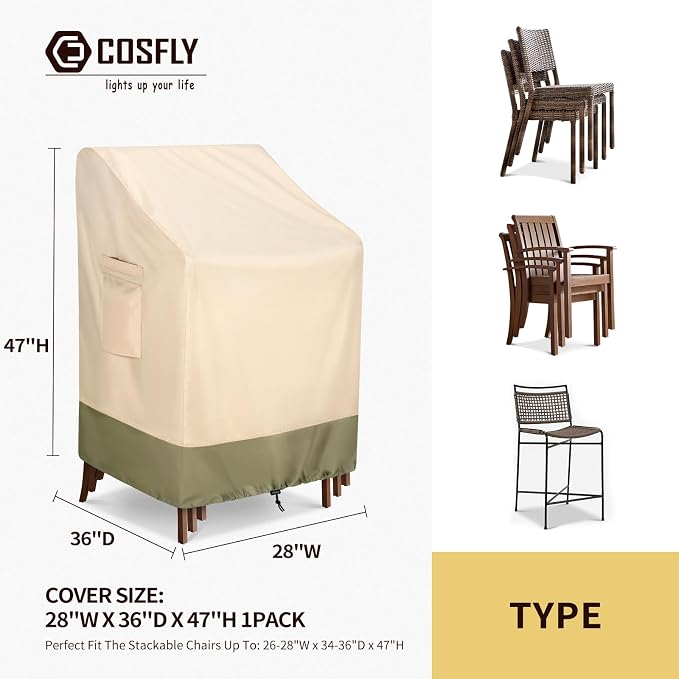 COSFLY Stackable Patio Chairs Covers Waterproof, Outdoor Furniture Covers Heavy Duty for 4-6 Stacking Chairs 1Pack - Fits up to 28w x 36D x 47H inches (Beige) - Image 2