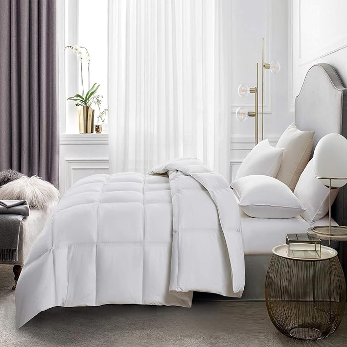 Serta Goose Feather Down Fiber Cotton Comforter Twin Size - 100% Cotton Duvet Insert - Hotel Luxury Hypoallergenic Bedding Comforter Light Warmth 68 x 90 Inch White