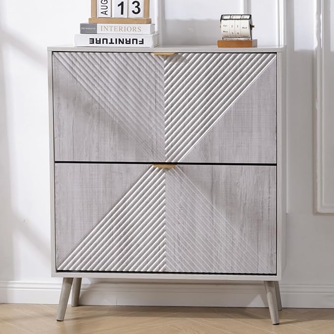 oakvivo Shoe Cabinet with 2 Flip Drawers, Freestanding Shoe Organizer with 4 Wooden feet, Modern Shoes Storage Cabinet for Entryway, Hidden Narrow Shoe Rack Cabinet for Foyer, Hallway, Mudroom, Grey - Image 6