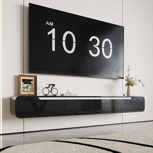 basenji Fully-Assembled Floating TV Stand -71" Wall Mounted TV Stand with Power Outlet | High Gloss Modern Floating Entertainment Center Media Console for Living Room, Bedroom - Black by Basenji