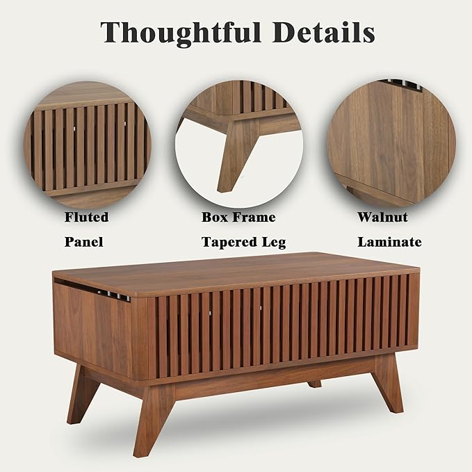 Lift Top Coffee Table with Hidden Compartment, Mid Century Modern Coffee Table for Living Room, Fluted Design Farmhouse Center Table with Storage (Walnut, 35.4" W)