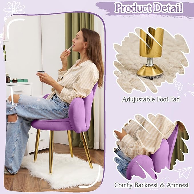 VINGLI Petal Makeup Vanity Chair with Back,Flower Cute Girls Desk Chair Comfy No Wheels,Modern Dining Chair,Small Accent Chair with Adustable Gold Legs&Bow Pillow for Home Office,Bedroom,Velvet,Purple