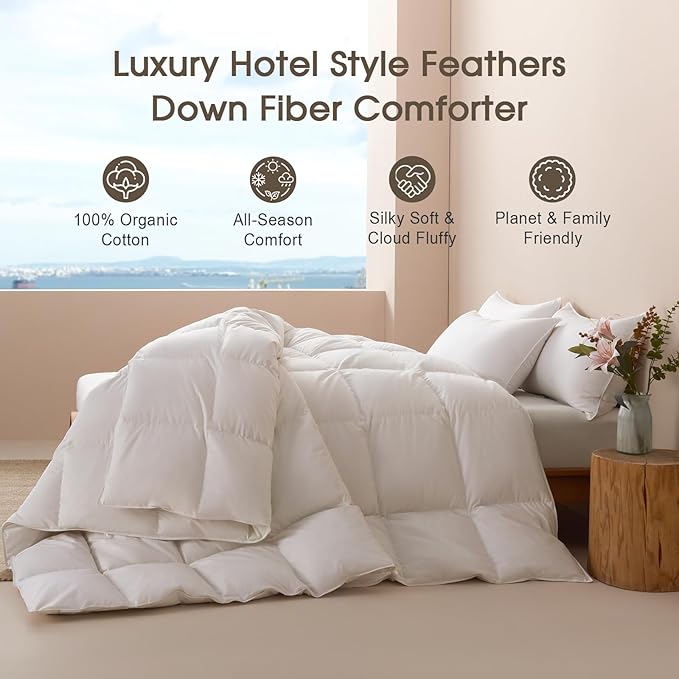 Cobnom® Feather and Down Fibres Comforter Full Size - 100% Organic Cotton, Quill-Free & Ethical, Luxury All Season Duvet Insert (White, 82x86 Inches)