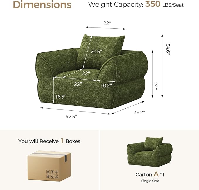 42.5" Single Cloud Sofa, Boneless Couch for Small Spaces, Modern Comfortable Upholstery Sofas with Pillows for Living Room, Apartment, Dorm, Office, Removable Cover, No Assembly Required, Green