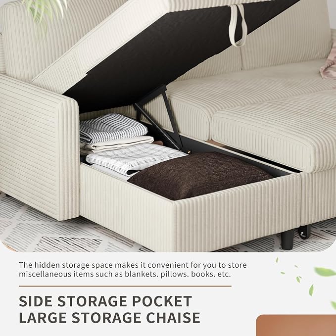 Shintenchi Futon Sofa Bed Convertible Couches L Shaped, 4‑in‑1 Sectional Sleeper Sofa Pull Out Couches for Living Room, Multifunctional Couch with Storage Chaise Corduroy Fabric, White