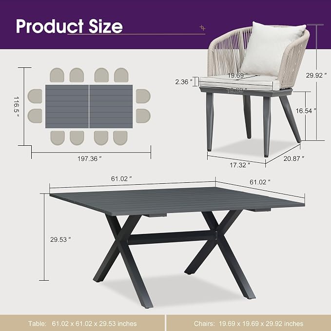 PURPLE LEAF 14 Pieces Patio Dining Set Wicker Outdoor Furniture Oversize Rectangular Table and Chairs Set for Garden Deck Aluminum Frame Backyard Kitchen Set, Cushions and Pillows Included Taupe - Image 8