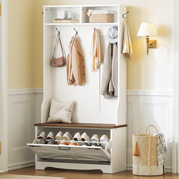 HOOBRO Hall Tree with Bench, Entryway Bench with Coat Rack and Shoe Cabinet, Flip Drawers, Farmhouse Hall Tree with Shoe Organizer, Mud Room, White and Walnut WH85MT01 by HOOBRO