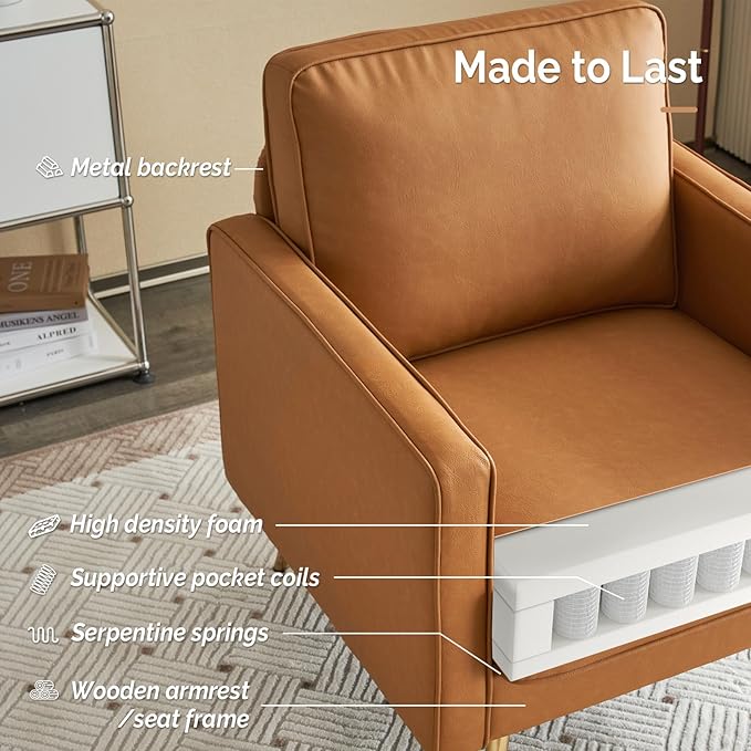 VINGLI PU Leather Accent Chair Brown Mid Century Modern Upholstered Sofa Chairs with Arms, Gold Legs for Living Room, Bedroom, Apartment