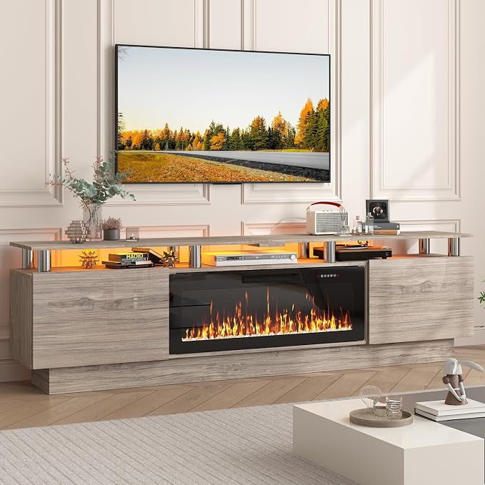 PUKAMI 80" Fireplace TV Stand with 36" Electric Fireplace, LED Light Entertainment Center with Storage, 2 Tier Modern Wood Media TV Console with Highlight Cabinet for Living Room, Grey by PUKAMI