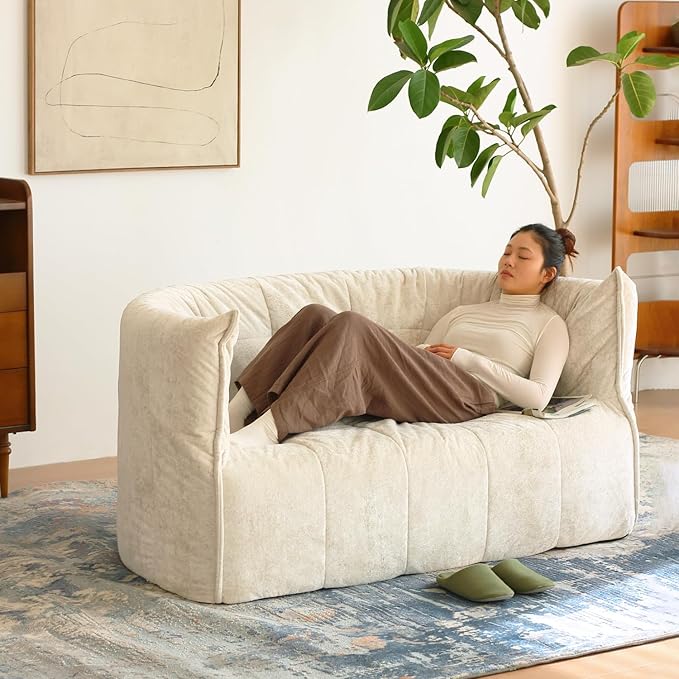 N&V Mid Century Brigantin Deep Relaxation Sofa, Soft Premium Chenille, for Living Room Bedroom and Office (Ivory, ThreeSeater)