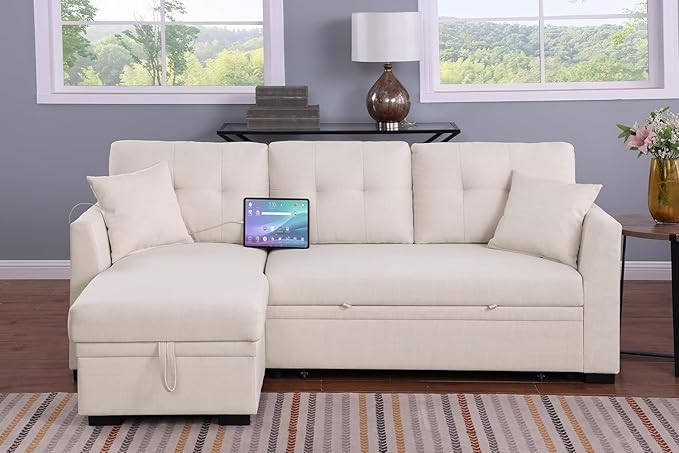 ERYE 81.5-inch Pull Out Sleeper Couch Bed, L-Shaped Reversible Sleeper Sectional Sofa Velvet Tufted Upholstered Corner Convertible Sofa Bed with Storage Chaise,USB Ports