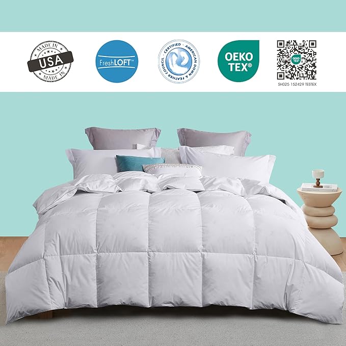 Martha Stewart 240 Thread Count White Goose Down and Feather Comforter - All Season Warmth Duvet Insert with Corner Tabs Made in USA - Twin Size