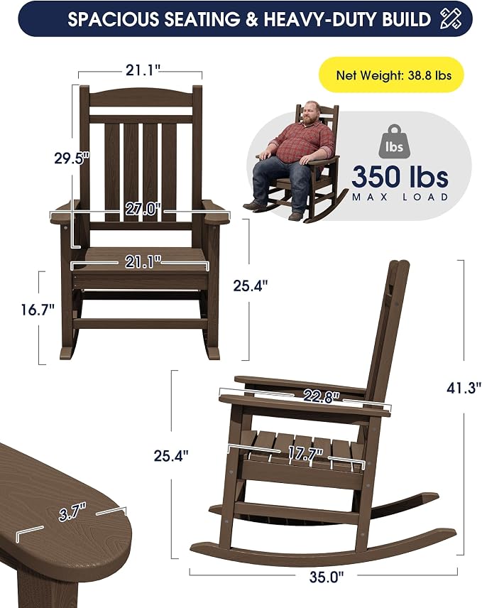 KINGYES Oversized Outdoor Rocking Chair Set 2, All Weather HDPE Patio Rocking Chairs for Adults, Coffee Brown - Image 3