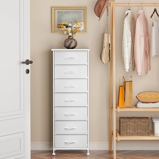Fixwal Tall Narrow White Dresser for Bedroom, Storage Dresser Organizer with 7 Fabric Drawers, Nightstand Furniture in Closet, Entryway, Hallway - Image 6