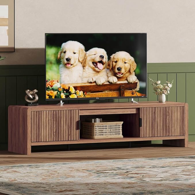 FATORRI TV Stand for 75/65/55 Inch TVs, Farmhouse Entertainment Center with Storage, Wood Waveform Fluted-Door Television Media Console for Living Room,Bedroom (63" W, Walnut) - Image 2