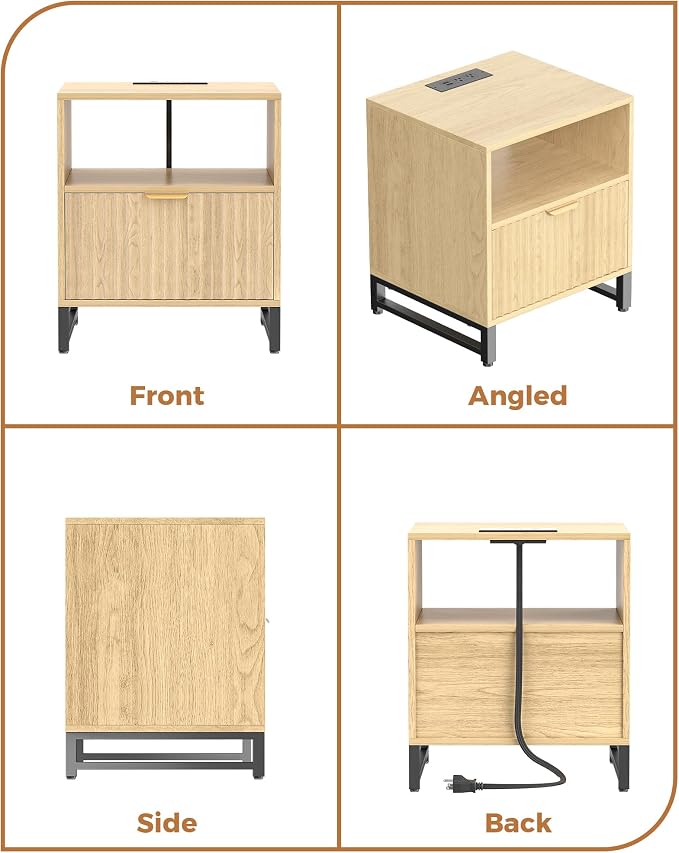 Fluted Night Stand Set 2 with Charging Station, Wood Nightstand with Large Drawer and Open Storage Cabinet, Mid-Century Modern Bedside Table End Table for Bedroom Closet Office - Image 7