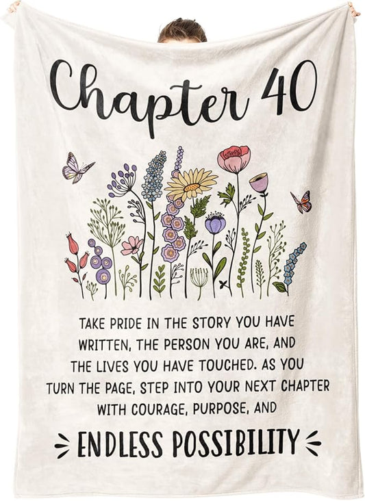 Afterprints 40th Birthday Gifts Women, Chapter 40 Blanket Gift for Her, 40 Year Old Birthday Gifts for Women, Friend, Sister, Mom, 1986 Bday Gift, Turning 40 Throw Blankets 60'' x 80''