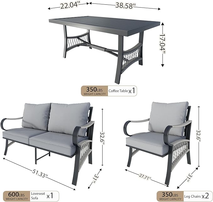 4 Pieces Outdoor Patio Furniture Set, All Weather Metal Loveseat Sofa Chairs with Coffee Table, Conversation Sets for Backyard Garden Deck Poolside Porch, Gray