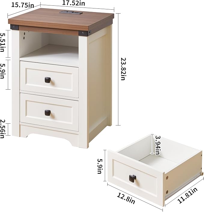 Ball & Cast 24” Farmhouse Night Stand with Charging Station,Wood Nightstand with 2 Drawers,Bedside Tables with USB Ports & Outlets,End Table with Open Shelf for Living Room/Bedroom,White +Walnut - Image 2