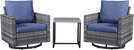 Belord Outdoor Bistro Set 3 Piece Wicker Swivel Rocker Patio Chairs, Oversize Outdoor Rattan Seating Set, Patio Swivel Glider Chairs Wicker Furniture with Metal Side Table for Outside Porch Backyard