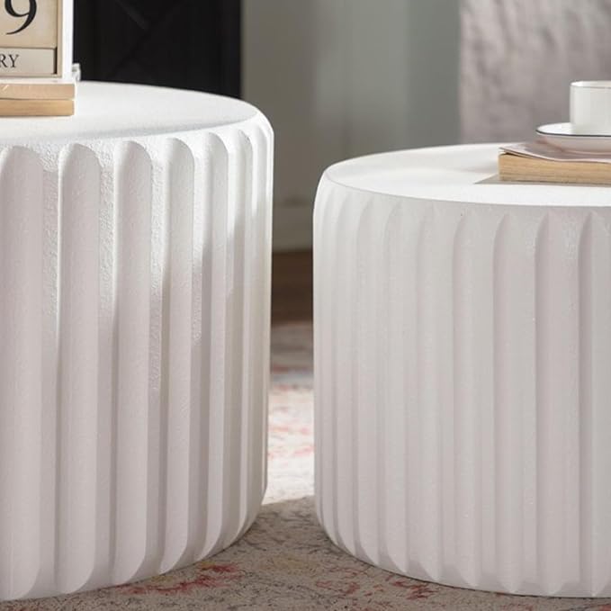 kevinplus 46.46'' White Round Coffee Table Set of 2, Modern Circle Fluted Drum Nesting Elegnant Coffee Table for Living Room, No Assembly, White
