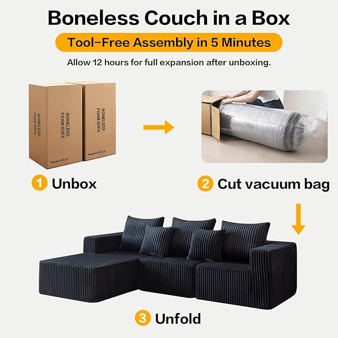 Boneless Sectional Sofa, 101" Cloud Sofa with Wide-Wale Corduroy, Deep Seat L Shaped Couch, All-Foam Filled Compressed Couch for Living Room (Black, Corduroy)