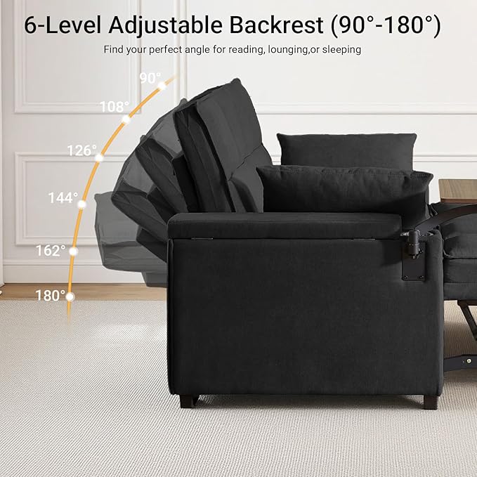 65'' 3-in-1 Sleeper Sofa Bed with Pull-Out Couch & Side Table, Convertible Loveseat with Adjustable Backrest, Velvet Chaise Lounge with USB & Type-C Ports, Black